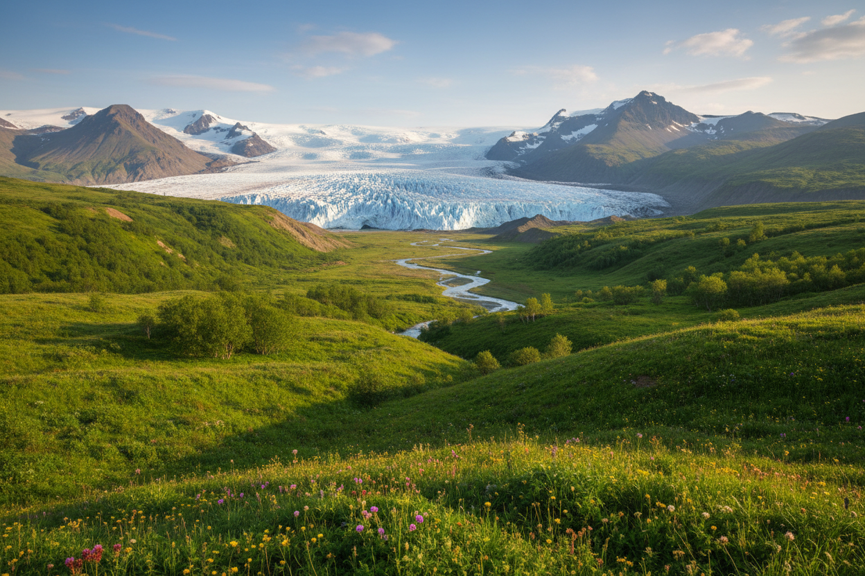 landscape of Greenland, but with unseasonal emergence of lush green grass and vegetation throughout